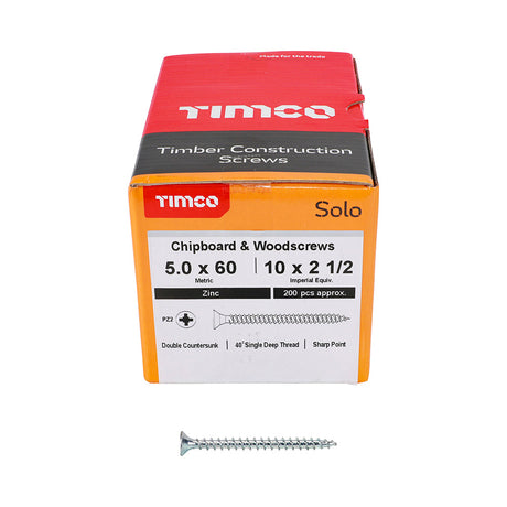 This is an image of Timco - Solo Chipboard & Woodscrews - PZ - Double Countersunk - Zinc 5.0 x 60mm - (200 PCS Box) 50060SOLOZ