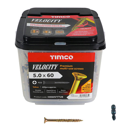 This is an image of Timco - Velocity Premium Multi-Use Screws - PZ - Double Countersunk - Yellow 5.0 x 60mm - (400 PCS Tub) 50060VYTUB
