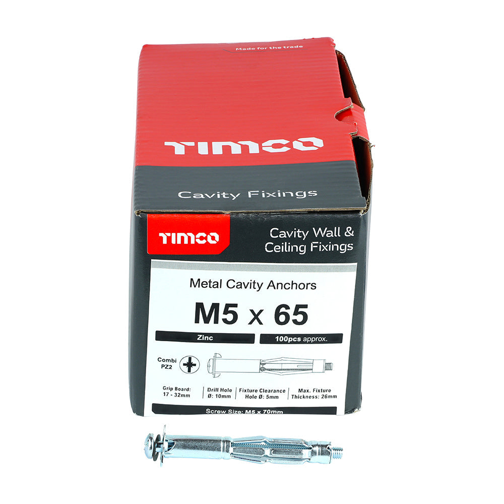 This is an image of Timco - Metal Cavity Anchors - Zinc M5 x 65 (70mm Screw) - (100 PCS Box) 50065CA