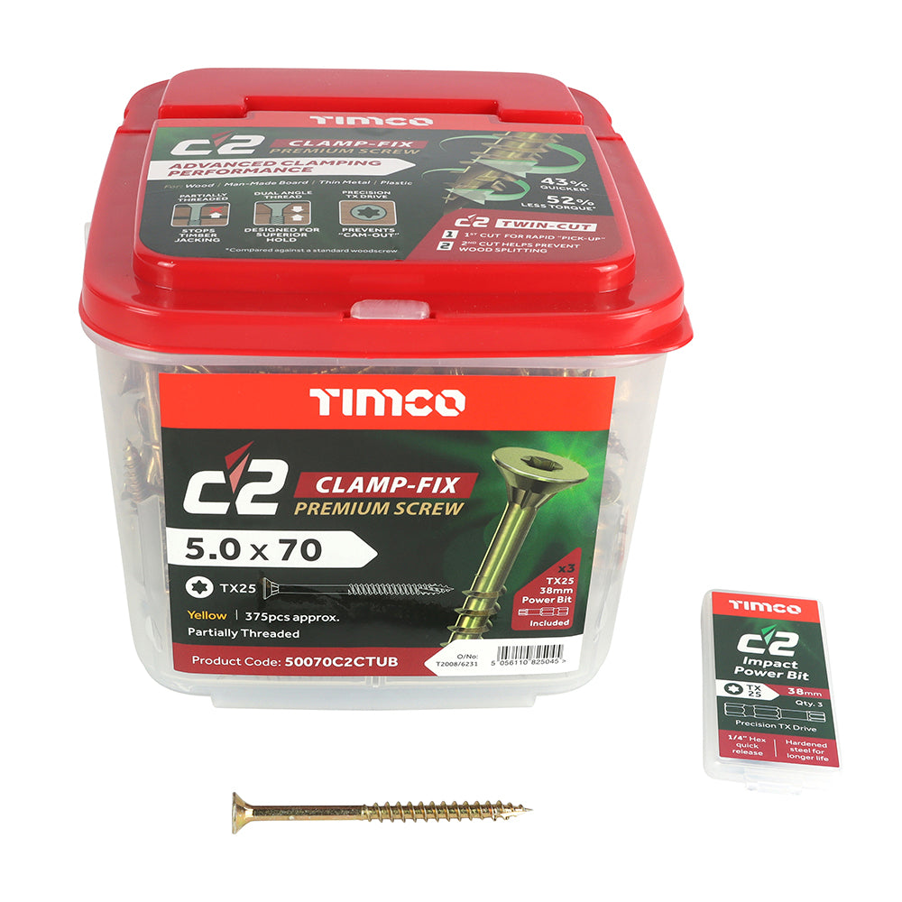 This is an image of Timco - C2 Clamp-Fix Screws - TX - Double Countersunk with Ribs - Twin-Cut - Yellow 5.0 x 70mm - (375 PCS Tub) 50070C2CTUB