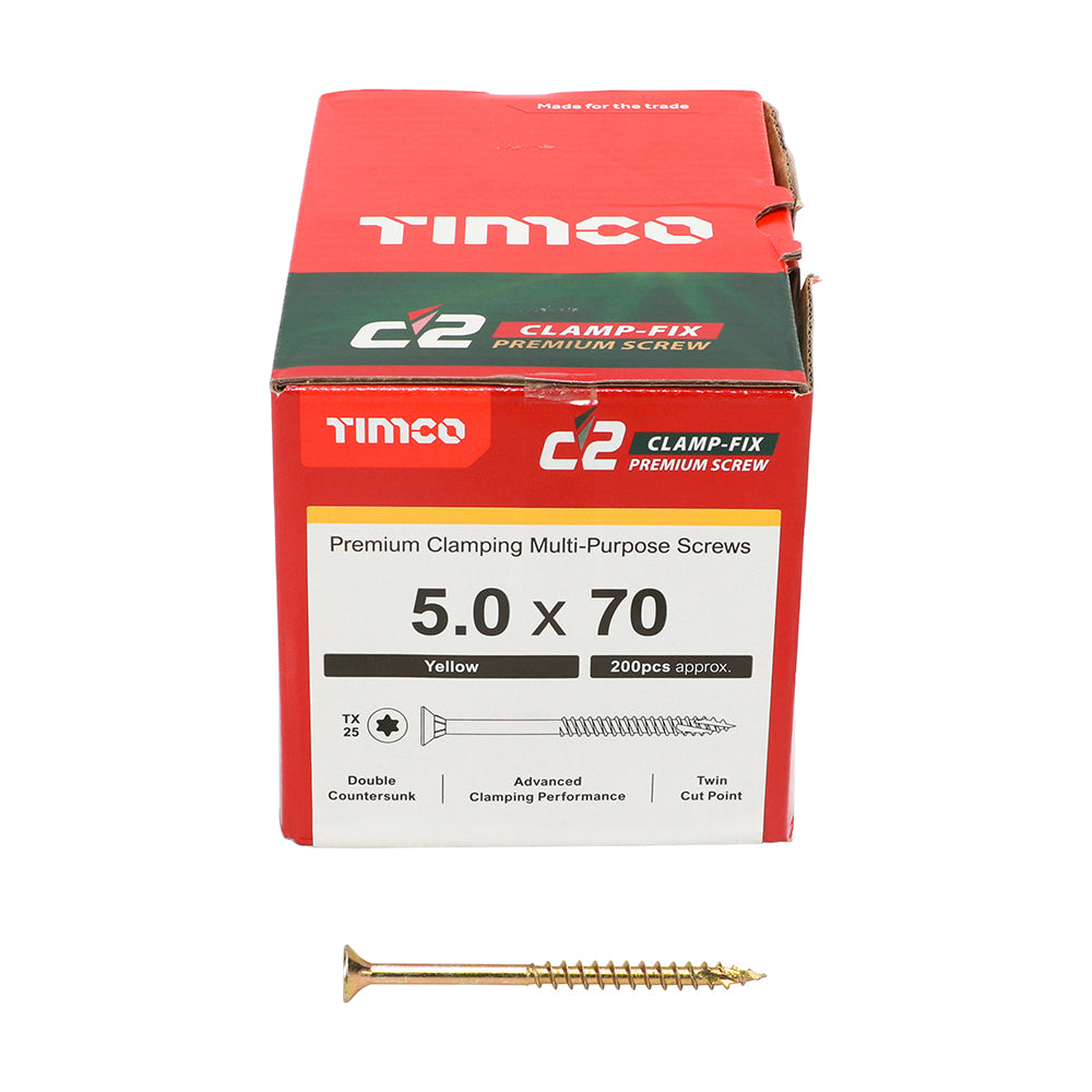 This is an image of Timco - C2 Clamp-Fix Screws - TX - Double Countersunk with Ribs - Twin-Cut - Yellow 5.0 x 70mm - (200 PCS Box) 50070C2C
