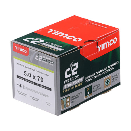 This is an image of Timco - C2 Exterior Strong-Fix Screws - PZ - Double Countersunk with Ribs - Twin-Cut - Silver 5.0 x 70mm - (200 PCS Box) 50070C2SBX