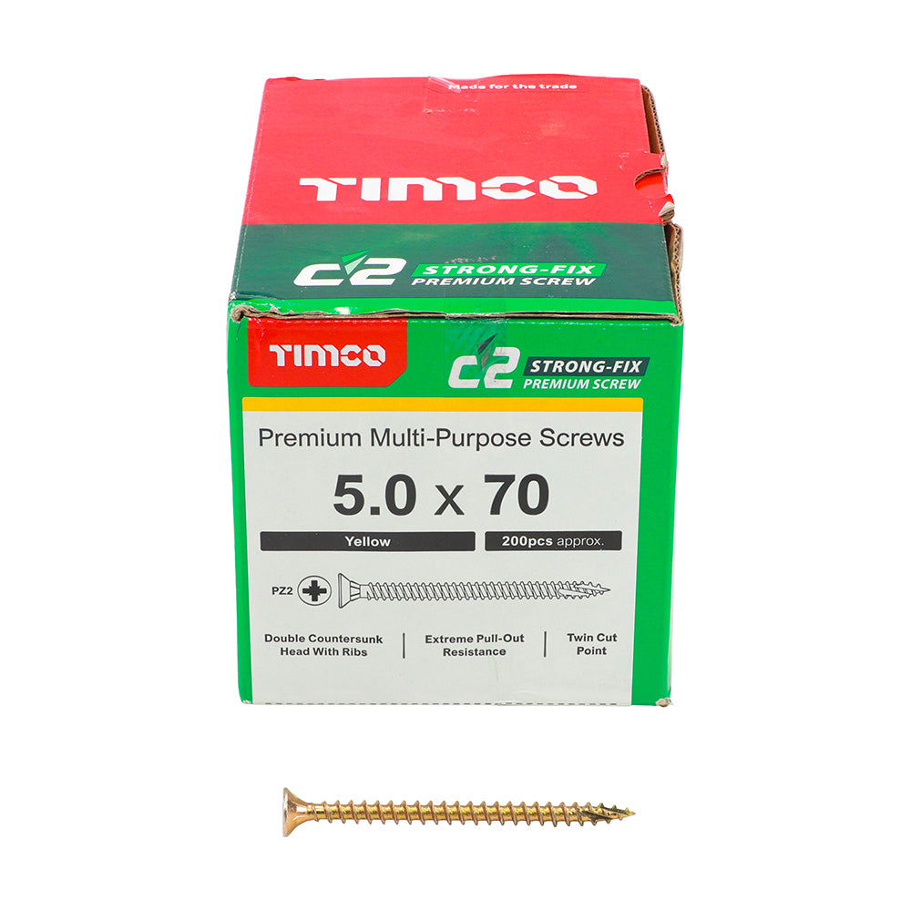 This is an image of Timco - C2 Strong-Fix Screws - PZ - Double Countersunk - Twin-Cut - Yellow 5.0 x 70mm - (200 PCS Box) 50070C2
