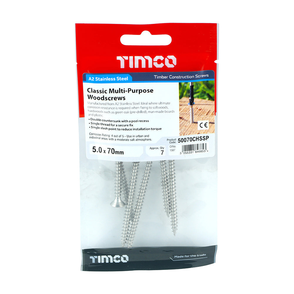 This is an image of Timco - Classic Multi-Purpose Screws - PZ - Double Countersunk - Stainless Steel 5.0 x 70mm - (7 PCS TIMpac) 50070CHSSP