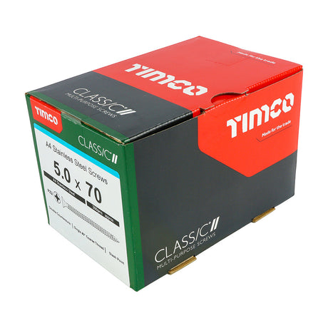 This is an image of Timco - Classic Multi-Purpose Screws - PZ - Double Countersunk - A4 Stainless Steel 5.0 x 70mm - (200 PCS Box) 50070CLA4