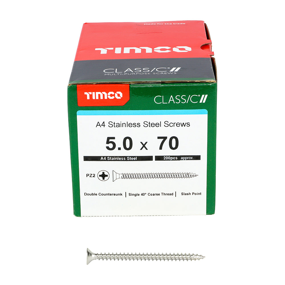 This is an image of Timco - Classic Multi-Purpose Screws - PZ - Double Countersunk - A4 Stainless Steel 5.0 x 70mm - (200 PCS Box) 50070CLA4