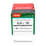 This is an image of Timco - Classic Multi-Purpose Screws - PZ - Double Countersunk - A4 Stainless Steel 5.0 x 70mm - (200 PCS Box) 50070CLA4
