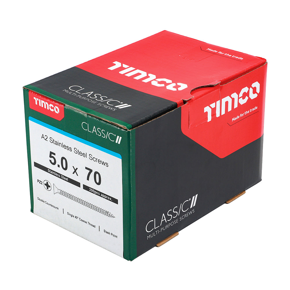 This is an image of Timco - Classic Multi-Purpose Screws - PZ - Double Countersunk - A2 Stainless Steel 5.0 x 70mm - (200 PCS Box) 50070CLASS