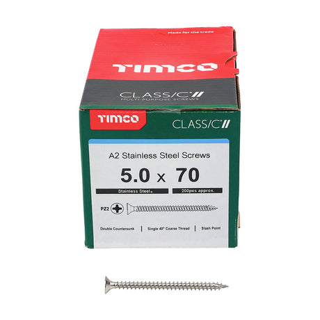 This is an image of Timco - Classic Multi-Purpose Screws - PZ - Double Countersunk - A2 Stainless Steel 5.0 x 70mm - (200 PCS Box) 50070CLASS