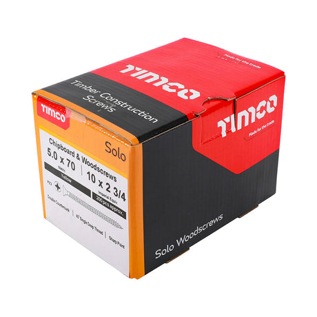 This is an image of Timco - Solo Chipboard & Woodscrews - PZ - Double Countersunk - Yellow 5.0 x 70mm - (200 PCS Box) 50070SOLOC