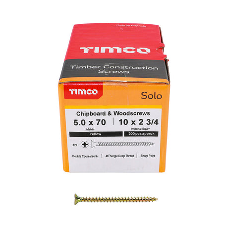 This is an image of Timco - Solo Chipboard & Woodscrews - PZ - Double Countersunk - Yellow 5.0 x 70mm - (200 PCS Box) 50070SOLOC