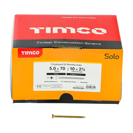 This is an image of Timco - Solo Chipboard & Woodscrews - Industry Pack - PZ - Double Countersunk - Yellow 5.0 x 70mm - (1000 PCS Box) 50070SOLOIND