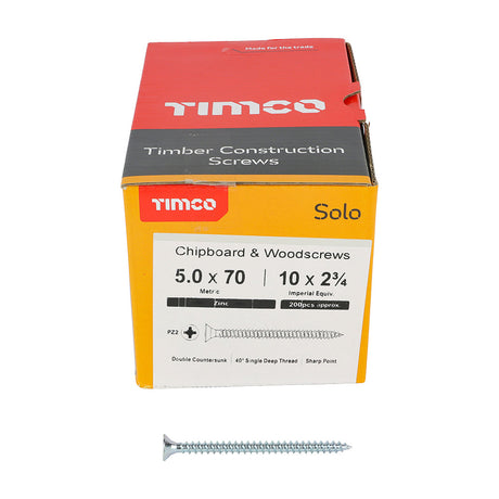 This is an image of Timco - Solo Chipboard & Woodscrews - PZ - Double Countersunk - Zinc 5.0 x 70mm - (200 PCS Box) 50070SOLOZ