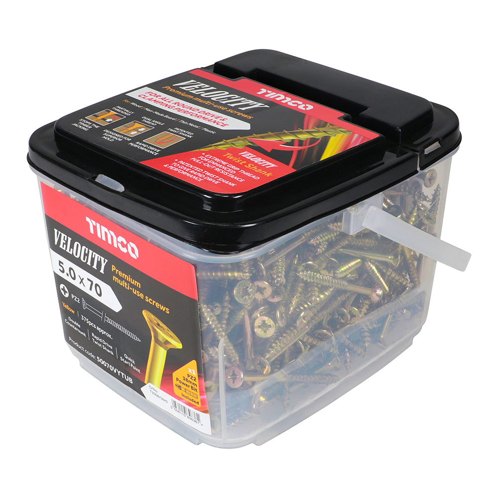 This is an image of Timco - Velocity Premium Multi-Use Screws - PZ - Double Countersunk - Yellow 5.0 x 70mm - (375 PCS Tub) 50070VYTUB