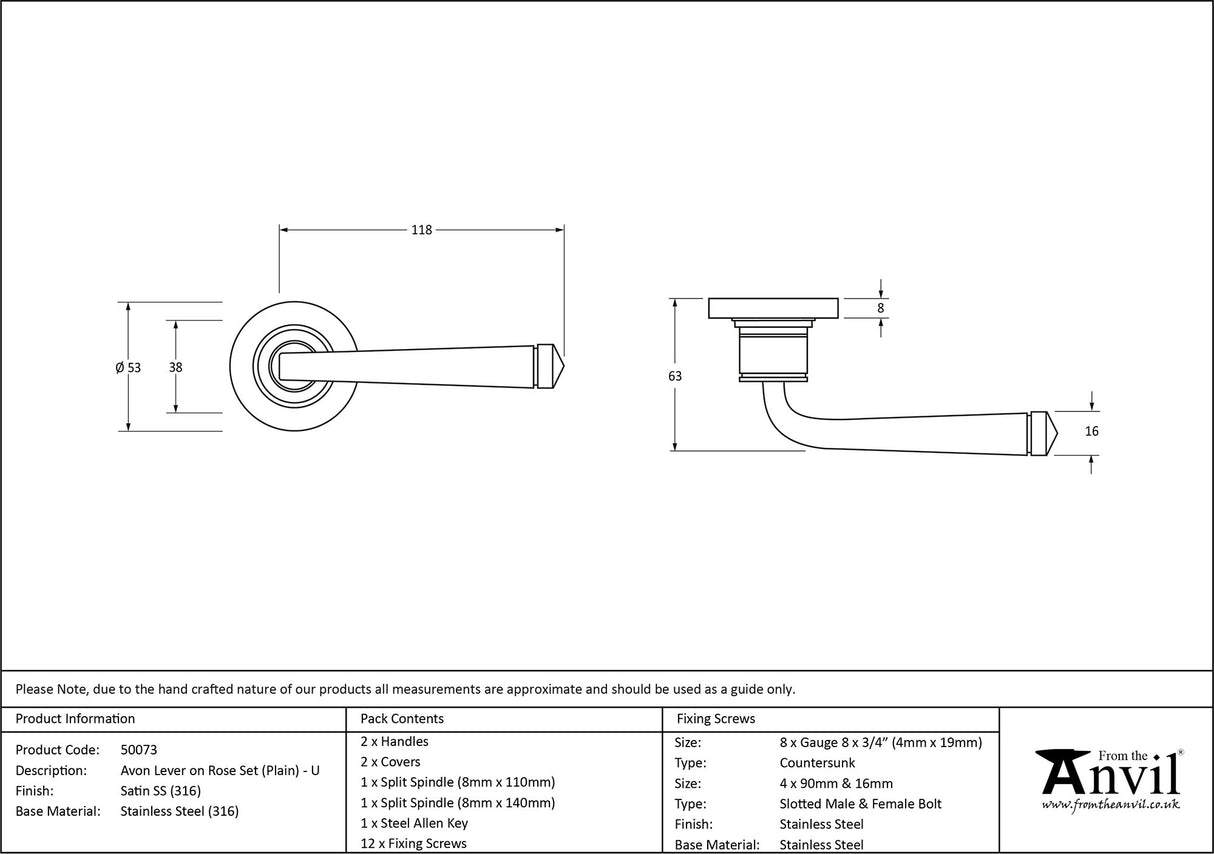 From The Anvil - Satin Marine SS (316) Avon Round Lever on Rose Set (Plain) - Unsprung | Sku. 50073 | Trade Door Handles.