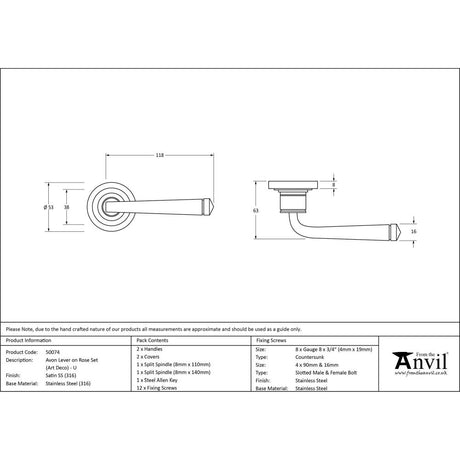 From The Anvil - Satin Marine SS (316) Avon Round Lever on Rose Set (Art Deco) - Unsprung | Sku. 50074 | Trade Door Handles.