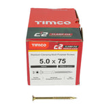 This is an image of Timco - C2 Clamp-Fix Screws - TX - Double Countersunk with Ribs - Twin-Cut - Yellow 5.0 x 75mm - (200 PCS Box) 50075C2C