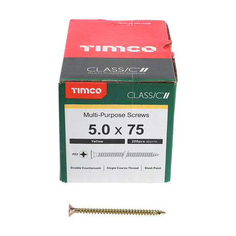 This is an image of Timco - Classic Multi-Purpose Screws - PZ - Double Countersunk - Yellow 5.0 x 75mm - (200 PCS Box) 50075CLAF