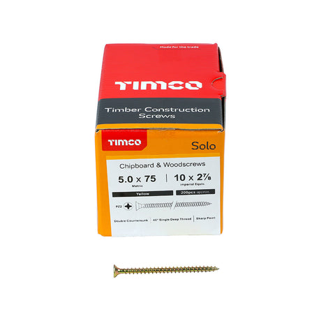 This is an image of Timco - Solo Chipboard & Woodscrews - PZ - Double Countersunk - Yellow 5.0 x 75mm - (200 PCS Box) 50075SOLOC