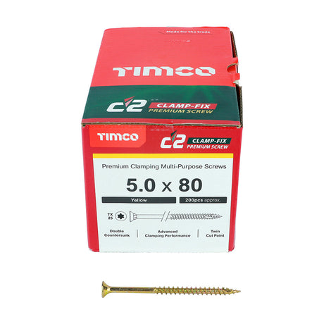 This is an image of Timco - C2 Clamp-Fix Screws - TX - Double Countersunk with Ribs - Twin-Cut - Yellow 5.0 x 80mm - (200 PCS Box) 50080C2C