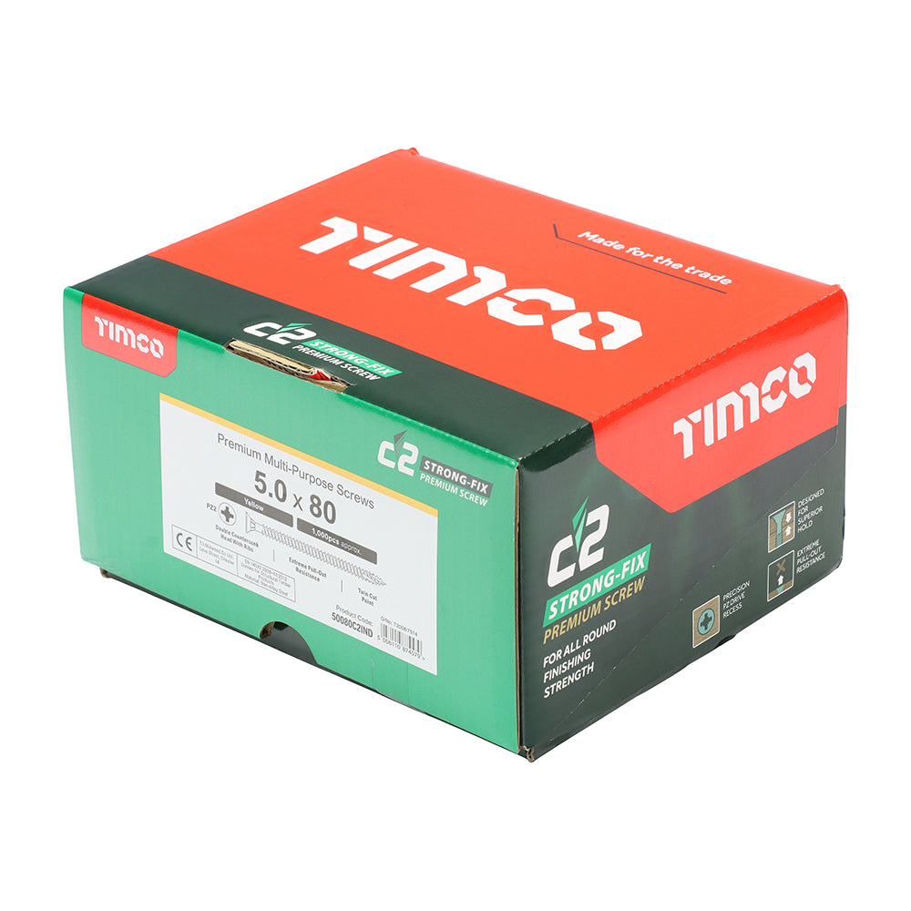 This is an image of Timco - C2 Strong-Fix Screws - PZ - Double Countersunk - Twin-Cut - Yellow 5.0 x 80mm - (1000 PCS Box) 50080C2IND