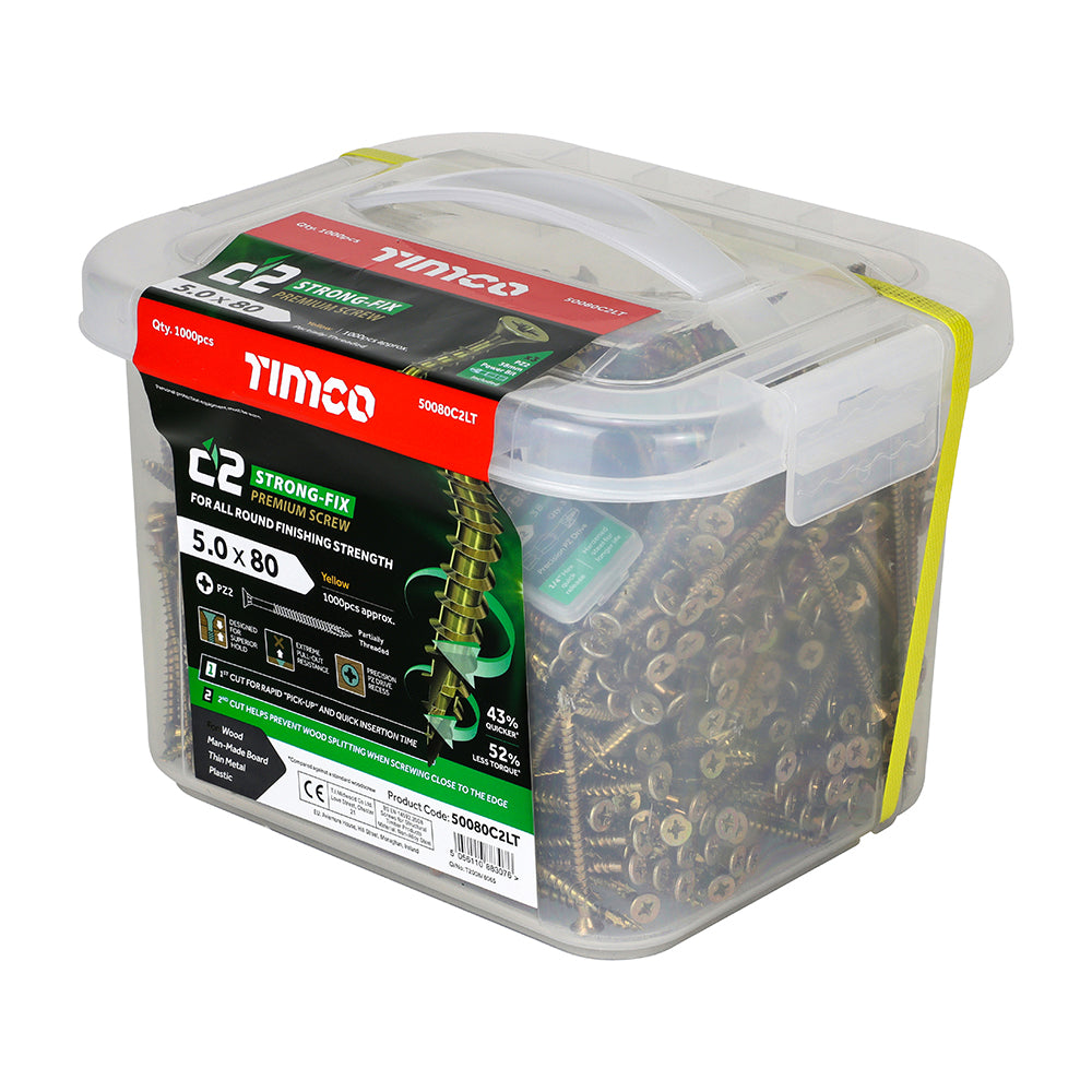 This is an image of Timco - C2 Strong-Fix Screws - PZ - Double Countersunk - Twin-Cut - Yellow 5.0 x 80mm - (1000 PCS Tub) 50080C2LT