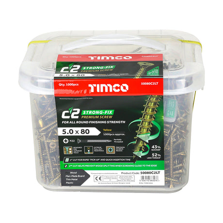This is an image of Timco - C2 Strong-Fix Screws - PZ - Double Countersunk - Twin-Cut - Yellow 5.0 x 80mm - (1000 PCS Tub) 50080C2LT