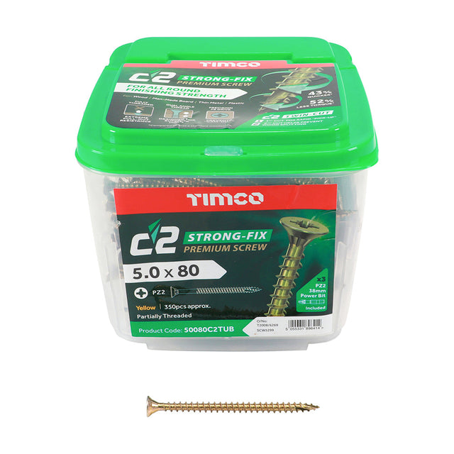 This is an image of Timco - C2 Strong-Fix Screws - PZ - Double Countersunk - Twin-Cut - Yellow 5.0 x 80mm - (350 PCS Tub) 50080C2TUB