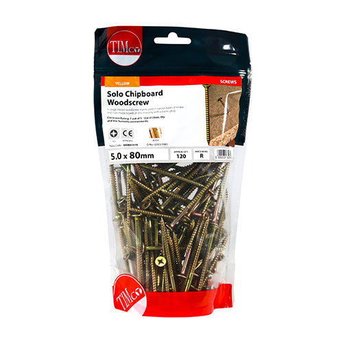 This is an image of Timco - Solo Woodscrews - PZ - Double Countersunk - Yellow 5.0 x 80mm - (120 PCS TIMbag) 50080CHYB