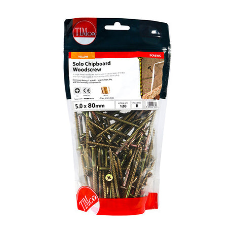 This is an image of Timco - Solo Woodscrews - PZ - Double Countersunk - Yellow 5.0 x 80mm - (120 PCS TIMbag) 50080CHYB