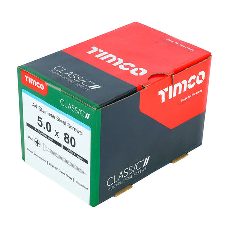 This is an image of Timco - Classic Multi-Purpose Screws - PZ - Double Countersunk - A4 Stainless Steel 5.0 x 80mm - (200 PCS Box) 50080CLA4