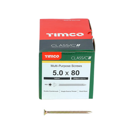 This is an image of Timco - Classic Multi-Purpose Screws - PZ - Double Countersunk - Yellow 5.0 x 80mm - (200 PCS Box) 50080CLAF