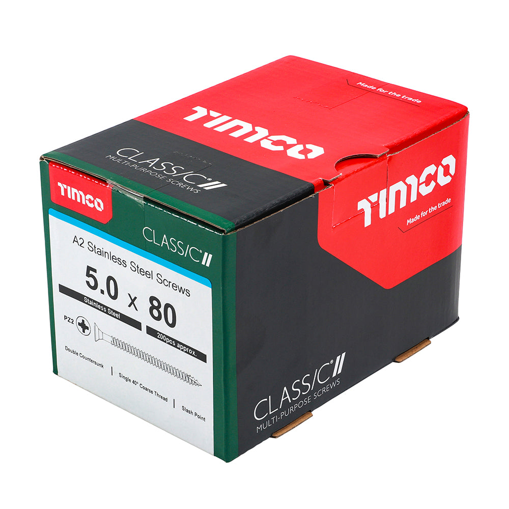 This is an image of Timco - Classic Multi-Purpose Screws - PZ - Double Countersunk - A2 Stainless Steel 5.0 x 80mm - (200 PCS Box) 50080CLASS