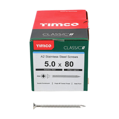 This is an image of Timco - Classic Multi-Purpose Screws - PZ - Double Countersunk - A2 Stainless Steel 5.0 x 80mm - (200 PCS Box) 50080CLASS