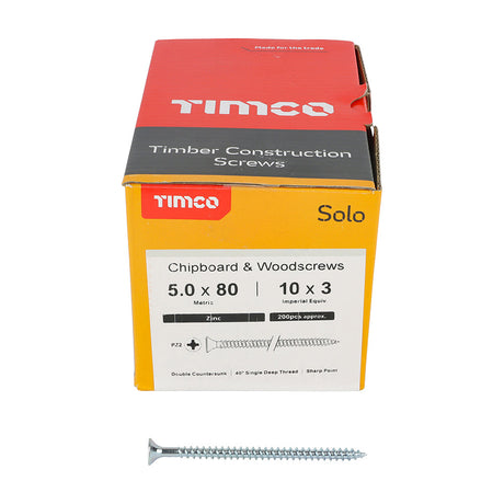 This is an image of Timco - Solo Chipboard & Woodscrews - PZ - Double Countersunk - Zinc 5.0 x 80mm - (200 PCS Box) 50080SOLOZ