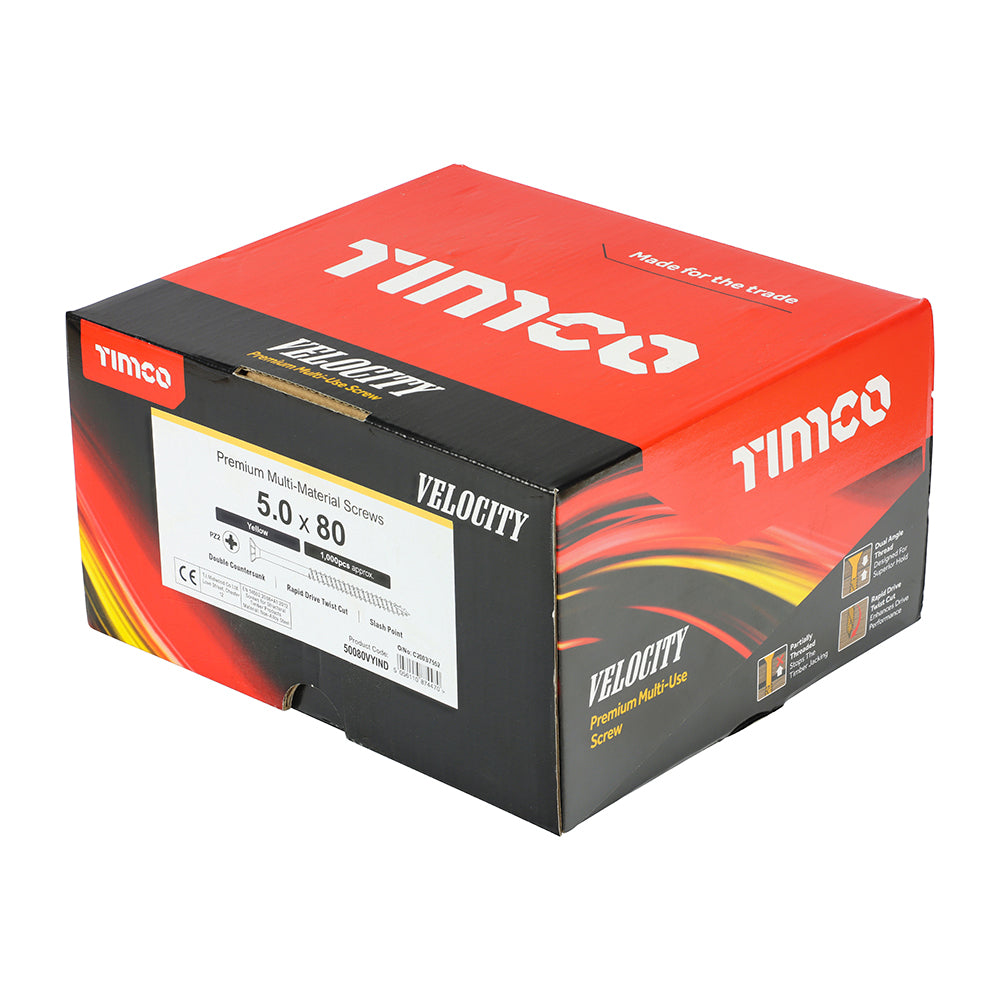 This is an image of Timco - Velocity Premium Multi-Use Screws - PZ - Double Countersunk - Yellow 5.0 x 80mm - (1000 PCS Box) 50080VYIND