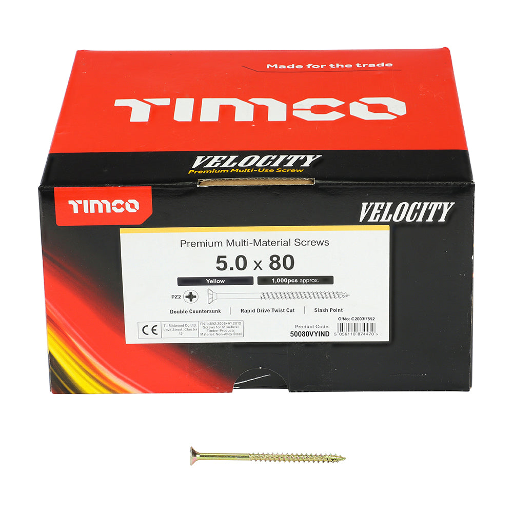 This is an image of Timco - Velocity Premium Multi-Use Screws - PZ - Double Countersunk - Yellow 5.0 x 80mm - (1000 PCS Box) 50080VYIND