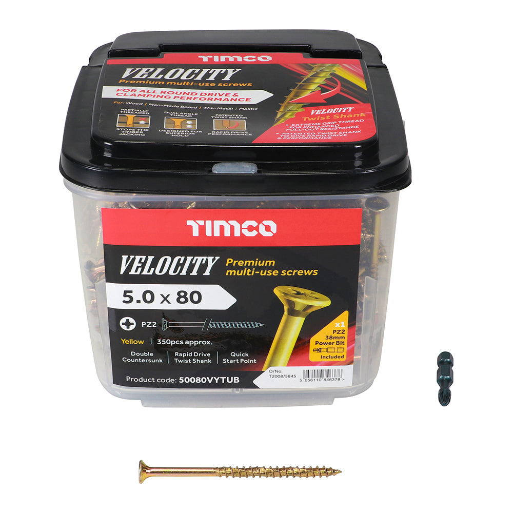 This is an image of Timco - Velocity Premium Multi-Use Screws - PZ - Double Countersunk - Yellow 5.0 x 80mm - (350 PCS Tub) 50080VYTUB