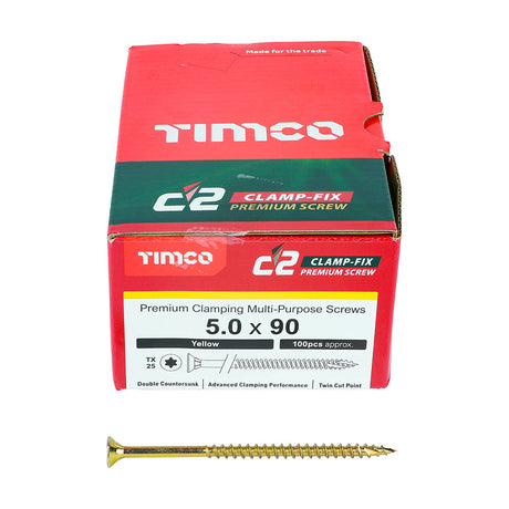 This is an image of Timco - C2 Clamp-Fix Screws - TX - Double Countersunk with Ribs - Twin-Cut - Yellow 5.0 x 90mm - (100 PCS Box) 50090C2C