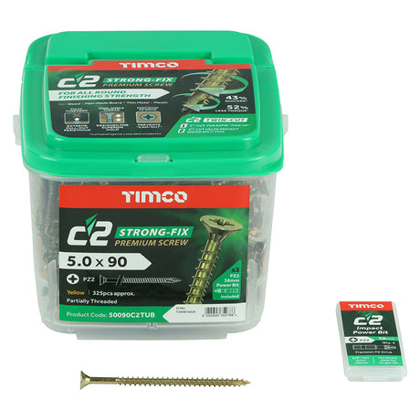 This is an image of Timco - C2 Strong-Fix Screws - PZ - Double Countersunk - Twin-Cut - Yellow 5.0 x 90mm - (325 PCS Tub) 50090C2TUB