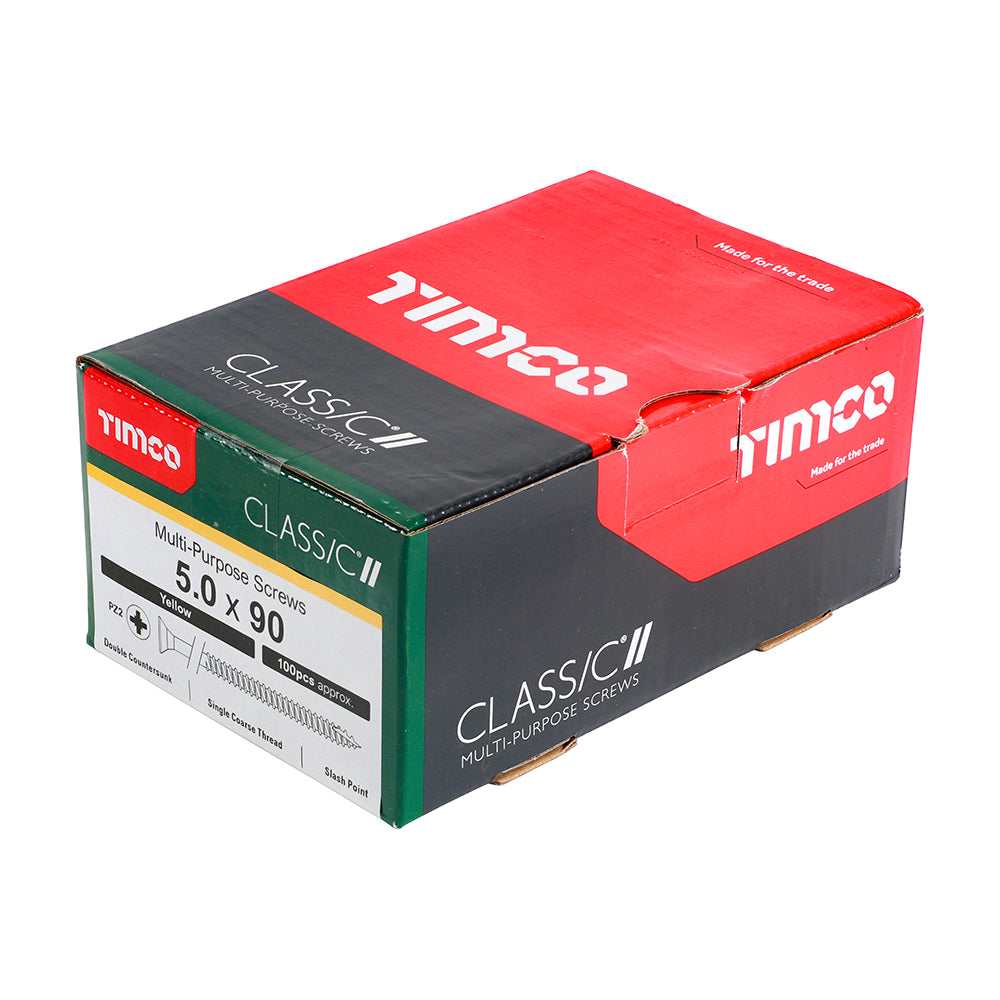 This is an image of Timco - Classic Multi-Purpose Screws - PZ - Double Countersunk - Yellow 5.0 x 90mm - (100 PCS Box) 50090CLAF