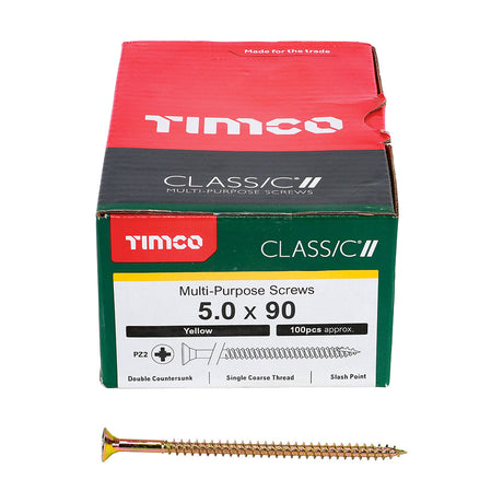 This is an image of Timco - Classic Multi-Purpose Screws - PZ - Double Countersunk - Yellow 5.0 x 90mm - (100 PCS Box) 50090CLAF
