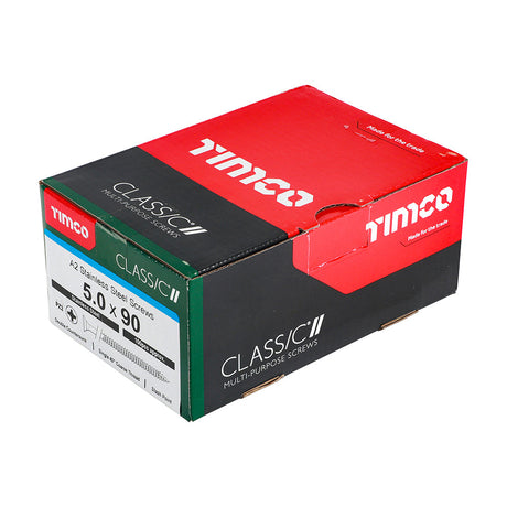 This is an image of Timco - Classic Multi-Purpose Screws - PZ - Double Countersunk - A2 Stainless Steel 5.0 x 90mm - (100 PCS Box) 50090CLASS