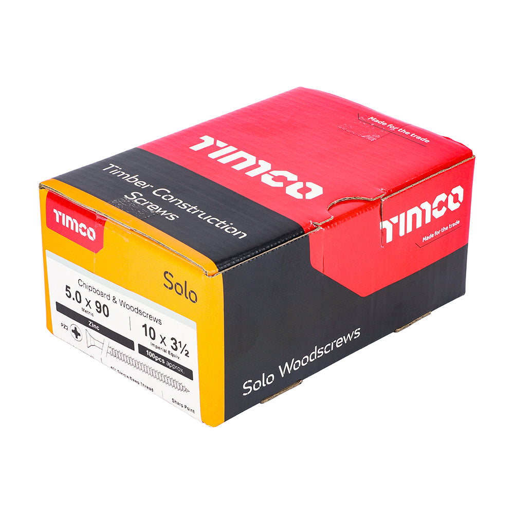 This is an image of Timco - Solo Chipboard & Woodscrews - PZ - Double Countersunk - Zinc 5.0 x 90mm - (100 PCS Box) 50090SOLOZ