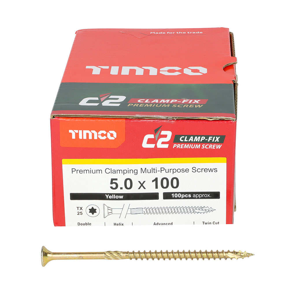 This is an image of Timco - C2 Clamp-Fix Screws - TX - Double Countersunk with Ribs - Twin-Cut - Yellow 5.0 x 100mm - (100 PCS Box) 50100C2C