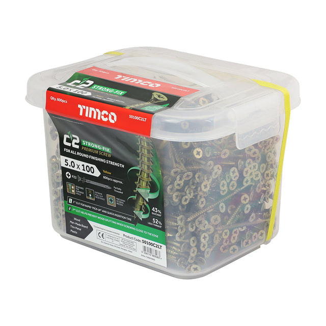 This is an image of Timco - C2 Strong-Fix Screws - PZ - Double Countersunk - Twin-Cut - Yellow 5.0 x 100mm - (800 PCS Tub) 50100C2LT
