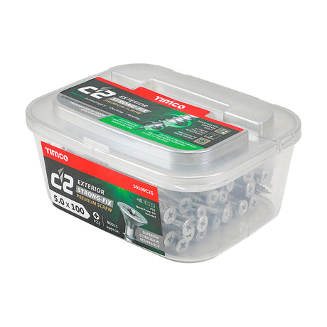 This is an image of Timco - C2 Exterior Strong-Fix Screws - PZ - Double Countersunk with Ribs - Twin-Cut - Silver 5.0 x 100mm - (80 PCS Tub) 50100C2S