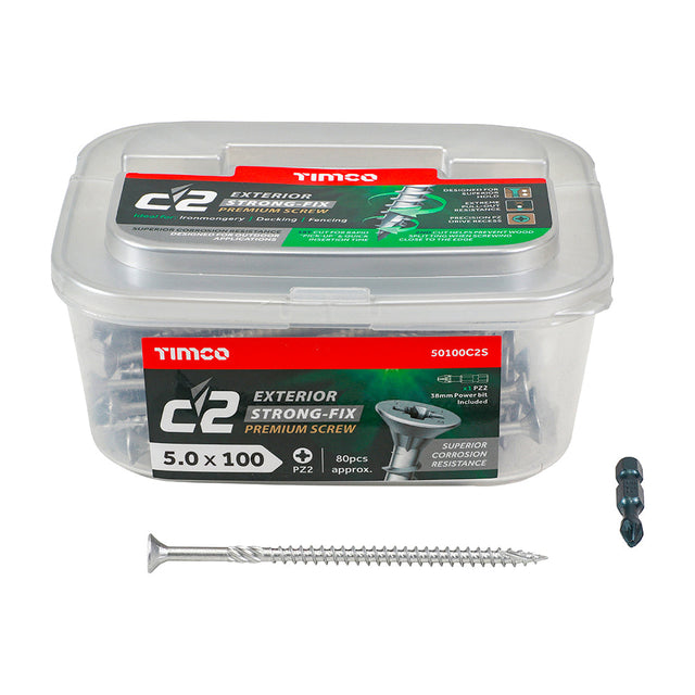 This is an image of Timco - C2 Exterior Strong-Fix Screws - PZ - Double Countersunk with Ribs - Twin-Cut - Silver 5.0 x 100mm - (80 PCS Tub) 50100C2S