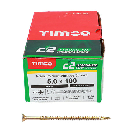 This is an image of Timco - C2 Strong-Fix Screws - PZ - Double Countersunk - Twin-Cut - Yellow 5.0 x 100mm - (100 PCS Box) 50100C2