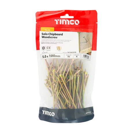 This is an image of Timco - Solo Woodscrews - PZ - Double Countersunk - Yellow 5.0 x 100mm - (90 PCS TIMbag) 50100CHYB